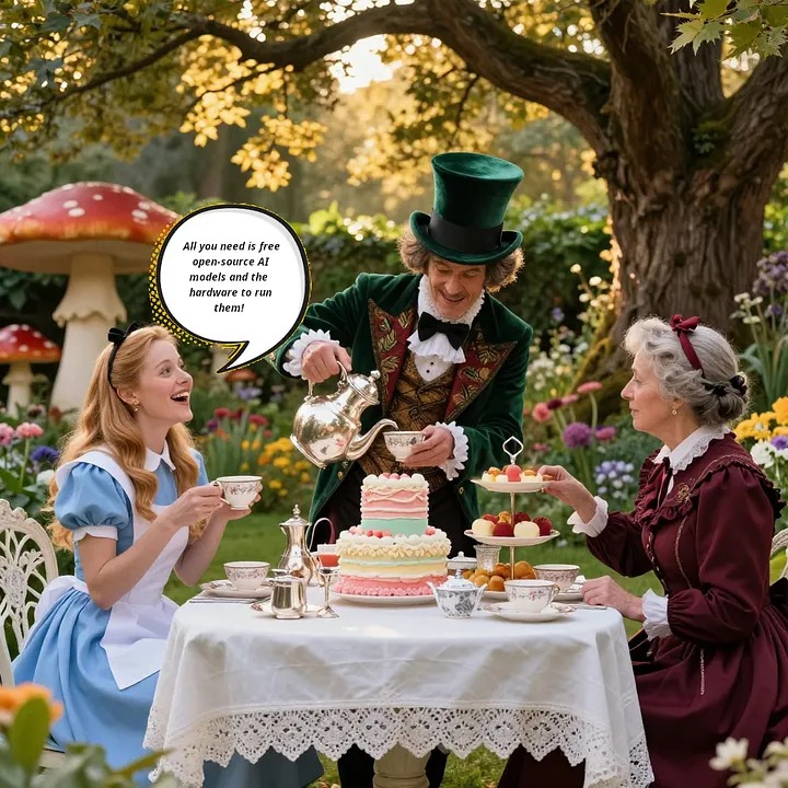 Alice at a garden tea party saying that all you need is free open-source AI models and the hardware to run them